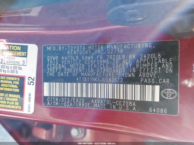4T1B11HK5JU583673 Toyota CAMRY SE