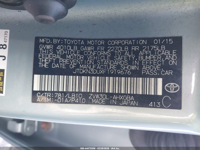 JTDKN3DUXF1919676 Toyota Prius Four