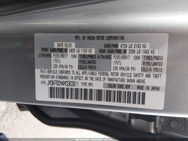 44475322 :رقم المزاد ، JM3KFBCM4M0383911 vin ، 2021 Mazda Cx-5 Touring مزاد بيع