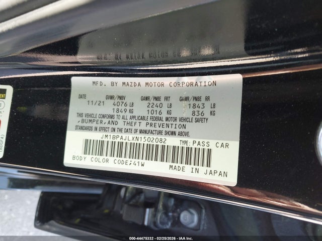 Aukcja sprzedaży 2022 Mazda Mazda3 2.5 S, vin: JM1BPAJLXN1502082, numer aukcji: 44475332