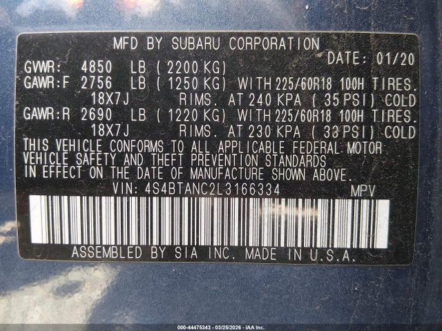 4S4BTANC2L3166334 Subaru Outback Limited