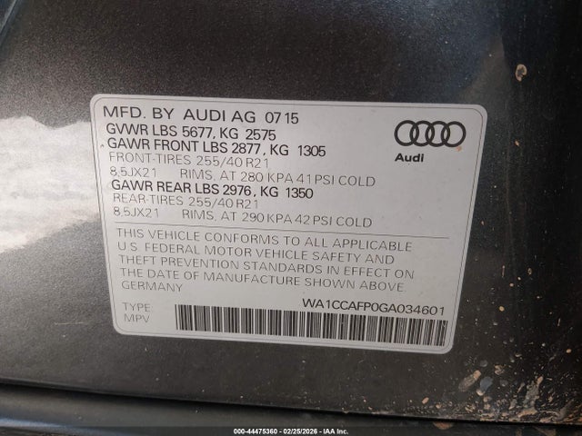 Aukcja sprzedaży 2016 Audi Sq5 3.0t Premium Plus, vin: WA1CCAFP0GA034601, numer aukcji: 44475360