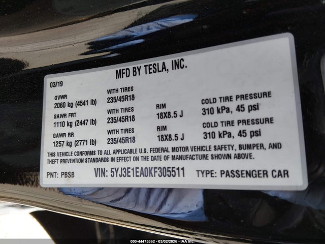2019 TESLA MODEL 3 5YJ3E1EA0KF305511 Photo 8