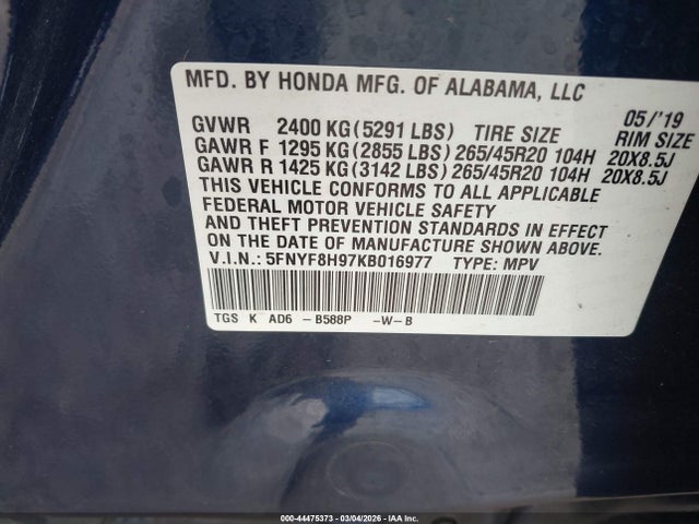 5FNYF8H97KB016977 Honda Passport Touring