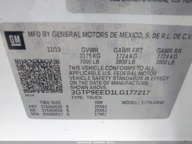 Aukcja sprzedaży 2020 Gmc Sierra 1500 4wd  Short Box At4, vin: 3GTP9EED1LG177217, numer aukcji: 44475380