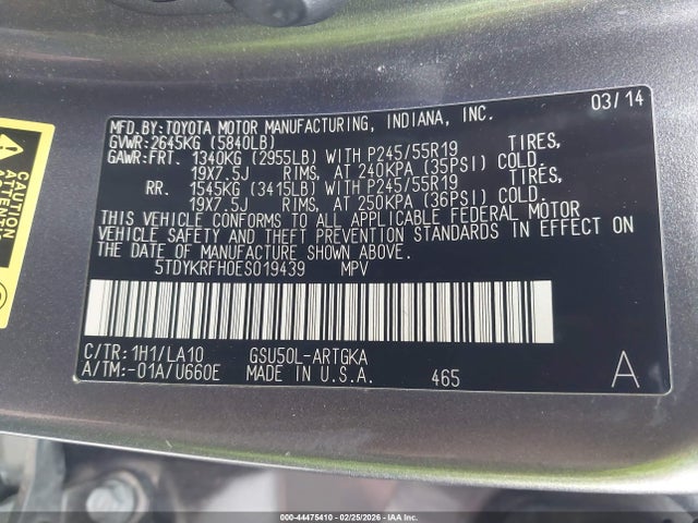 Aukcja sprzedaży 2014 Toyota Highlander Limited V6, vin: 5TDYKRFH0ES019439, numer aukcji: 44475410