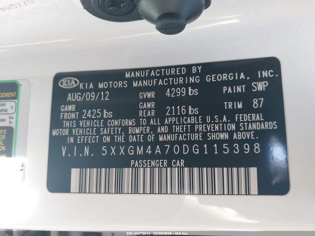 Aukcja sprzedaży 2013 Kia Optima Lx, vin: 5XXGM4A70DG115398, numer aukcji: 44475413