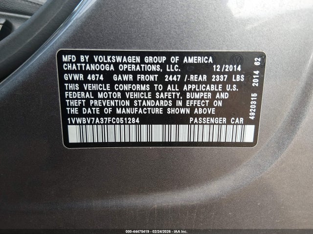 Aukcja sprzedaży 2015 Volkswagen Passat 2.0l Tdi Se, vin: 1VWBV7A37FC051284, numer aukcji: 44475419