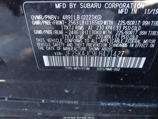 Продажа на аукционе авто 2020 Subaru Forester Premium, vin: JF2SKAJC9LH471427, номер лота: 44475438