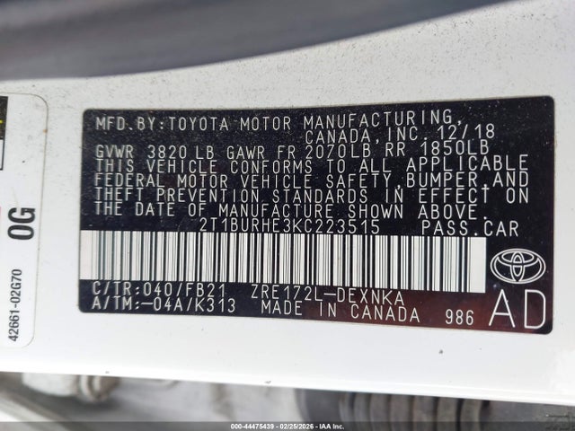 2T1BURHE3KC223515 Toyota COROLLA LE