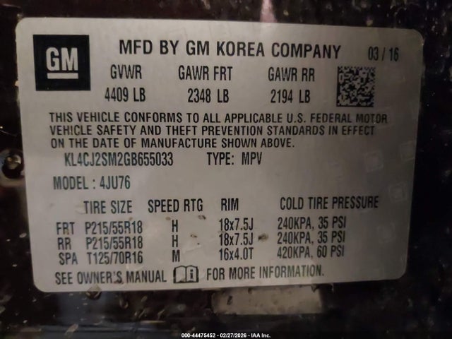 44475452 :رقم المزاد ، KL4CJ2SM2GB655033 vin ، 2016 Buick Encore Sport Touring مزاد بيع
