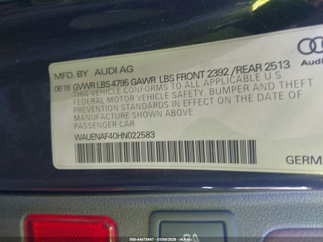 2017 Audi A4 2.0t Premium მანქანა იყიდება აუქციონზე, vin: WAUENAF40HN022583, აუქციონის ნომერი: 44475467