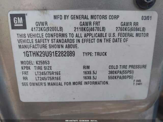 Aukcja sprzedaży 2001 Gmc Sierra 2500hd Sle, vin: 1GTHK29U91E282089, numer aukcji: 44475475