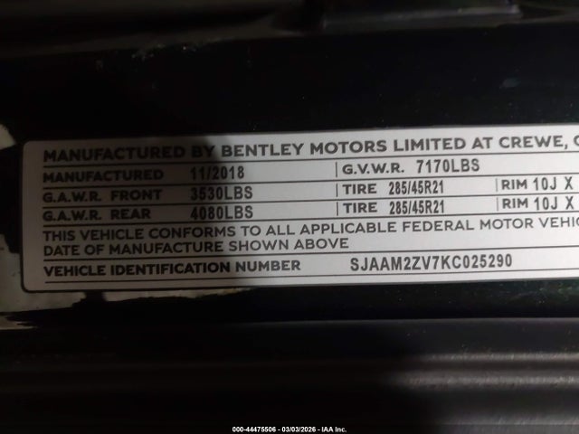 2019 BENTLEY BENTAYGA SJAAM2ZV7KC025290 Photo 8