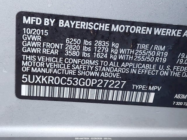44475534 :رقم المزاد ، 5UXKR0C53G0P27227 vin ، 2016 Bmw X5 Xdrive35i مزاد بيع