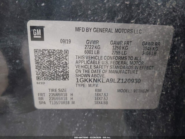 44475540 :رقم المزاد ، 1GKKNKLA9LZ120930 vin ، 2020 Gmc Acadia Sle مزاد بيع