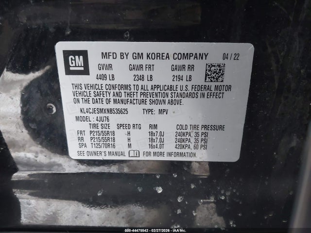 Продажа на аукционе авто 2022 Buick Encore Awd Preferred, vin: KL4CJESMXNB535625, номер лота: 44475542