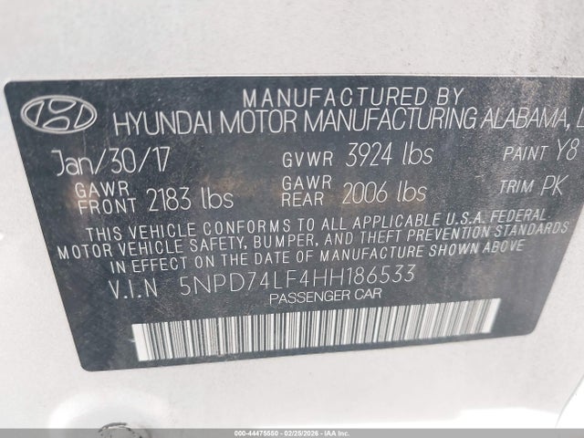 5NPD74LF4HH186533 Hyundai ELANTRA SE