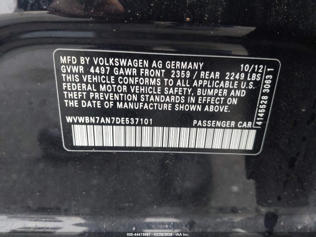 44475567 :رقم المزاد ، WVWBN7AN7DE537101 vin ، 2013 Volkswagen Cc 2.0t Sport مزاد بيع