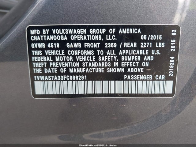 44475614 :رقم المزاد ، 1VWAS7A33FC096291 vin ، 2015 Volkswagen Passat 1.8t Limited Edition مزاد بيع
