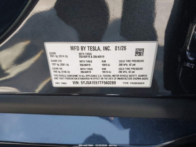 44475664 :رقم المزاد ، 5YJSA1E51TF560289 vin ، 2026 Tesla Model S All-wheel Drive مزاد بيع