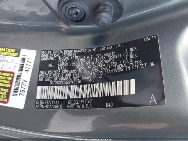 Aukcja sprzedaży 2011 Toyota Sienna Base V6, vin: 5TDZK3DC3BS148330, numer aukcji: 44475671