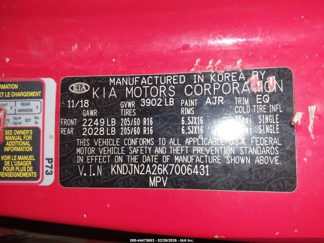 44475683 :رقم المزاد ، KNDJN2A26K7006431 vin ، 2019 Kia Soul مزاد بيع