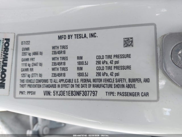 Aukcja sprzedaży 2022 Tesla Model 3 Long Range Dual Motor All-wheel Drive, vin: 5YJ3E1EB3NF307797, numer aukcji: 44475740
