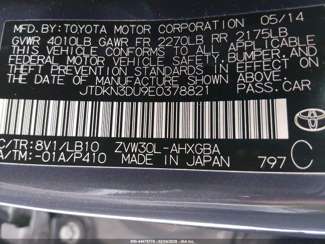 JTDKN3DU9E0378821 Toyota Prius Four