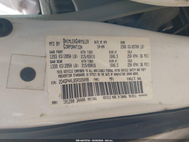 44475784 :رقم المزاد ، 2D4GP44L85R326098 vin ، 2005 Dodge Grand Caravan Sxt مزاد بيع