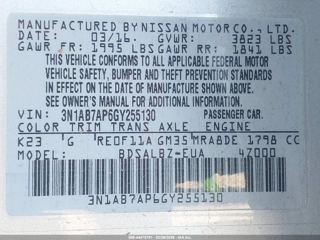 3N1AB7AP6GY255130 Nissan SENTRA S