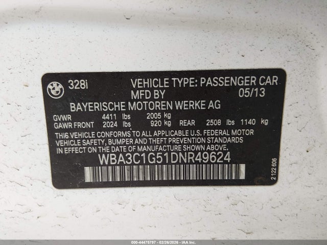 Продаж на аукціоні авто 2013 Bmw 328i, vin: WBA3C1G51DNR49624, номер лоту: 44475797