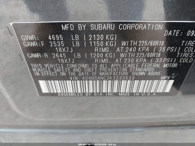 44475811 :رقم المزاد ، 4S4BSANC2K3233533 vin ، 2019 Subaru Outback 2.5i Limited مزاد بيع