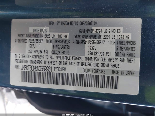 Aukcja sprzedaży 2022 Mazda Cx-5 2.5 S Preferred, vin: JM3KFBCM5N0562931, numer aukcji: 44475827