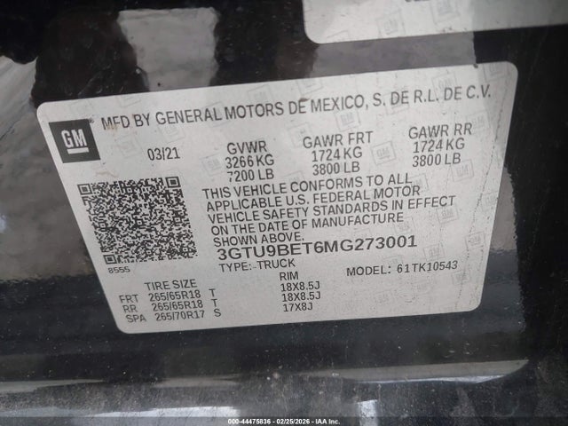 Aukcja sprzedaży 2021 Gmc Sierra 1500 4wd  Short Box Sle, vin: 3GTU9BET6MG273001, numer aukcji: 44475836