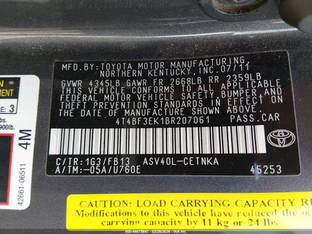 Продаж на аукціоні авто 2011 Toyota Camry Le, vin: 4T4BF3EK1BR207061, номер лоту: 44475847