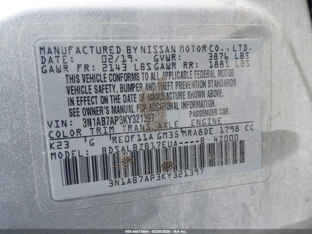 Продаж на аукціоні авто 2019 Nissan Sentra S, vin: 3N1AB7AP3KY321397, номер лоту: 44475864