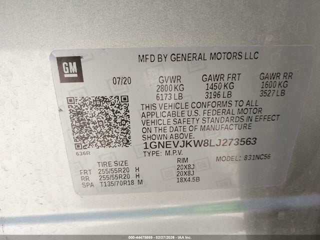 2020 Chevrolet Traverse Awd Rs მანქანა იყიდება აუქციონზე, vin: 1GNEVJKW8LJ273563, აუქციონის ნომერი: 44475869