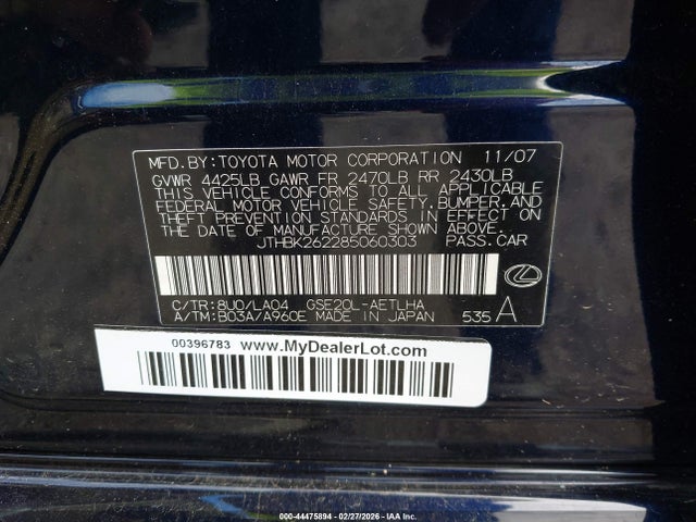 44475894 :رقم المزاد ، JTHBK262285060303 vin ، 2008 Lexus Is 250 مزاد بيع