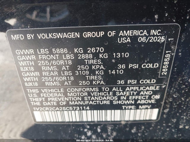 Aukcja sprzedaży 2025 Volkswagen Atlas 2.0t Peak Edition, vin: 1V2CR2CA2SC573114, numer aukcji: 44475938