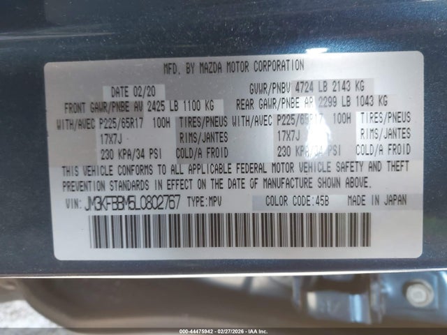 Продажа на аукционе авто 2020 Mazda Cx-5 Sport, vin: JM3KFBBM5L0802767, номер лота: 44475942