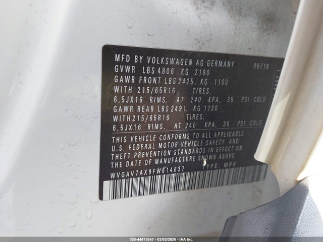WVGAV7AX9FW614637 Volkswagen TIGUAN S