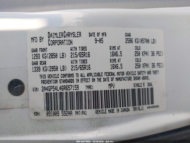 2006 Chrysler Town & Country Touring მანქანა იყიდება აუქციონზე, vin: 2A4GP54L46R657159, აუქციონის ნომერი: 44475956