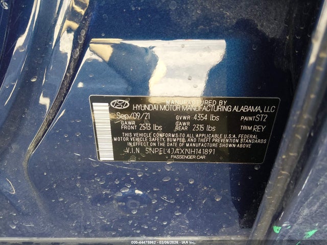 5NPEL4JAXNH141891 Hyundai SONATA SEL