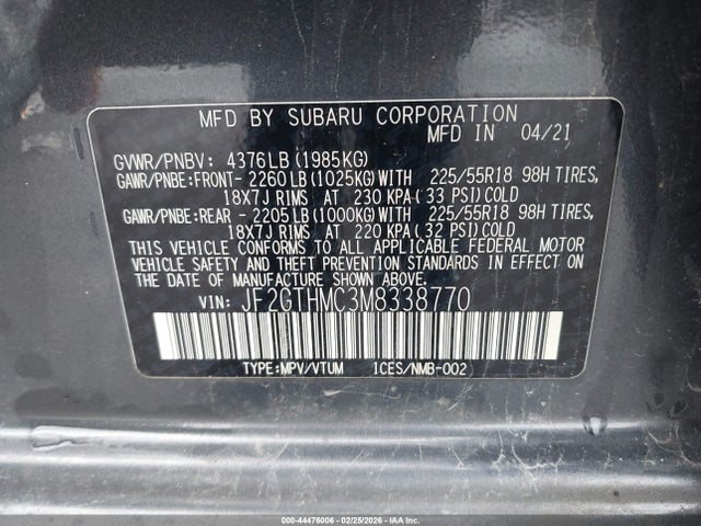 44476006 :رقم المزاد ، JF2GTHMC3M8338770 vin ، 2021 Subaru Crosstrek Limited مزاد بيع