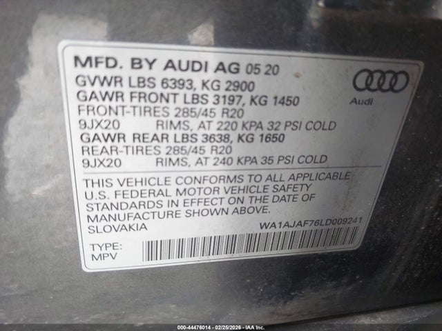 44476014 :رقم المزاد ، WA1AJAF76LD009241 vin ، 2020 Audi Q7 Premium 45 Tfsi Quattro Tiptronic مزاد بيع
