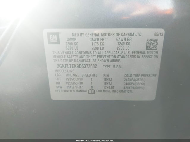 Aukcja sprzedaży 2013 Gmc Terrain Sle-2, vin: 2GKFLTEK9D6373682, numer aukcji: 44476022