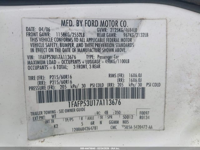 2007 FORD TAURUS 1FAFP53U17A113676 Photo 8