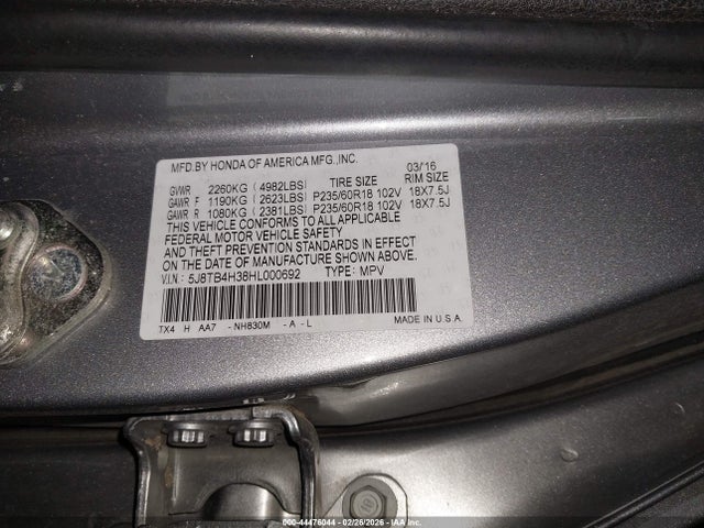 Auction sale of the 2017 Acura Rdx Acurawatch Plus Package, vin: 5J8TB4H38HL000692, lot number: 44476044