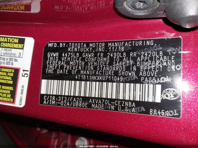 4T1B11HKXKU711049 Toyota CAMRY LE